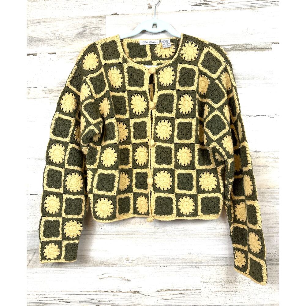 Vintage Robin Sinkler Womens S Green Cream Sunflower Crochet Boho Cardigan
